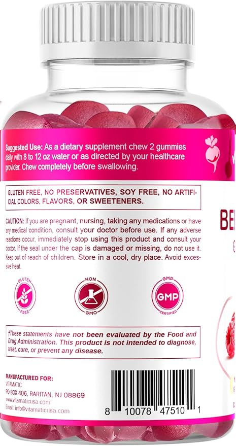 Vitamatic Beet Root Gummies - 3000mg Equivalent Per Serving - 60 Gummies - Made with Vitamin B6, B12, Grape Seed, Pomegranate & Nicotinamide (Pack of 2)