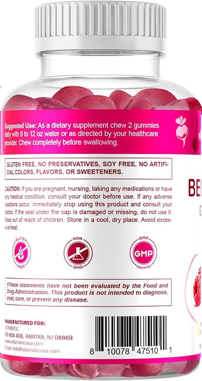 Vitamatic Beet Root Gummies - 3000mg Equivalent Per Serving - 60 Gummies - Made with Vitamin B6, B12, Grape Seed, Pomegranate & Nicotinamide (Pack of 2)