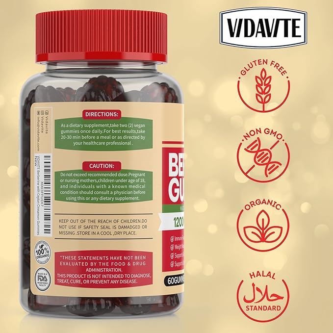 Berberine with Ceylon Cinnamon Gummies — Sugar-free, 98% Pure & 10x Absorption — 1200mg HCL Organic Berberine Supplement for Weight Management, Immunity, Metabolic & Digestive Health(30 Days)