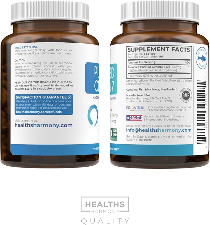 Omega 7 Supplement for Women and Men - High Potency & Purity Palmitoleic Acid Fatty Acid Fish Oil Supplement from Patented Provinal with Lowest Palmitic Acid - Sustainably Sourced (3 Month Supply)