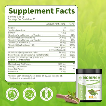 Organic Moringa Powder & Matcha Powder, Multi-Green Superfoods with Green Tea Resveratrol - Energy and Digestive Support, Rich in Antioxidants and Vitamin A D3 E B6 B12 Calcium, Non-GMO, Vegan, 16 oz
