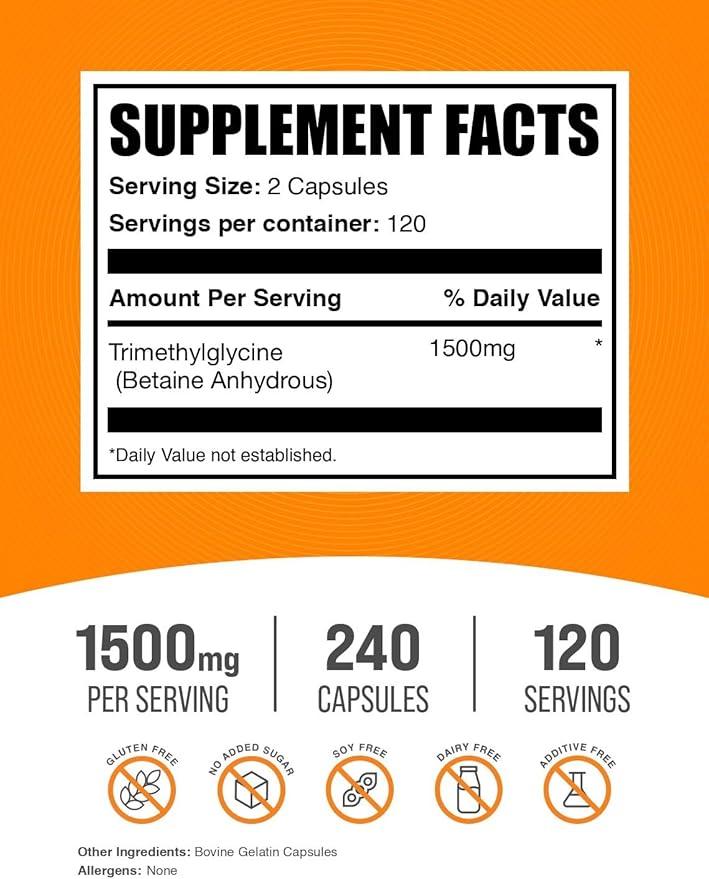 BulkSupplements.com TMG Capsules - Trimethylglycine as Betaine Anhydrous, TMG Supplement - Gluten Free, 2 Capsules per Serving (1500mg), 240 Count (Pack of 1)