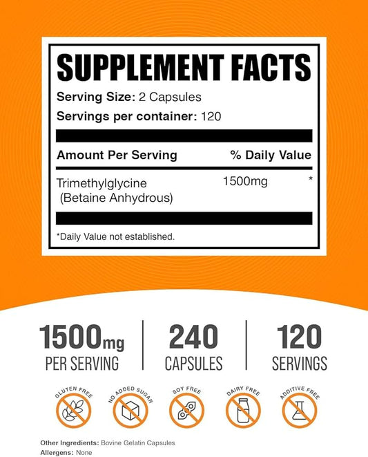 BulkSupplements.com TMG Capsules - Trimethylglycine as Betaine Anhydrous, TMG Supplement - Gluten Free, 2 Capsules per Serving (1500mg), 240 Count (Pack of 1)