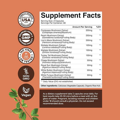 Advanced Mushroom Complex Capsules - 10X Lions Mane Supplement Capsules with Reishi, Chaga, Maitake & Shiitake for Brain Health Memory Support & Focus - Nootropic for Mental Clarity - 120 Caps