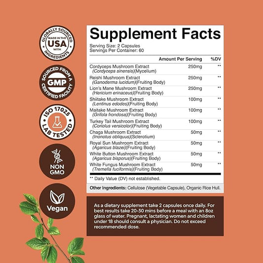 Advanced Mushroom Complex Capsules - 10X Lions Mane Supplement Capsules with Reishi, Chaga, Maitake & Shiitake for Brain Health Memory Support & Focus - Nootropic for Mental Clarity - 120 Caps