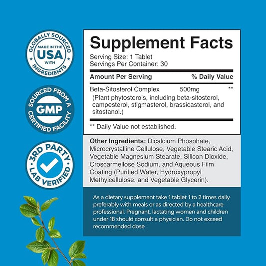 Plant Sterols Complex with Beta Sitosterol - 500mg Beta-Sitosterol Sterols and Stanols Supplement for Heart Health and Prostate Support - Heart and Prostate Health Supplement for Men - 30 Tablets