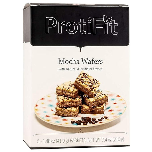 PROTIFIT - High Protein Wafer Bar, 15g Protein, Low Calorie, Low Carb, Low Fat, Trans Fat Free, Cholesterol Free, Ideal Protein Compatible, 5 Servings Per Box (Mocha)