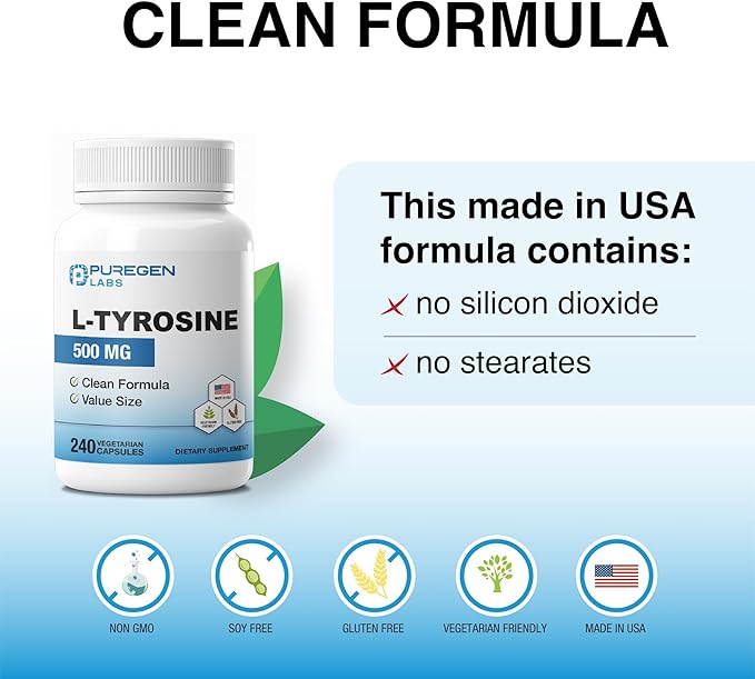 Puregen Labs L-Tyrosine 500 mg, Total - 480 Vegetable Capsules | No Harmful Additives | Brain & Nervous System Support, Non-GMO, Vegan, Gluten Free, Dairy Free - 480 Servings - Made in USA