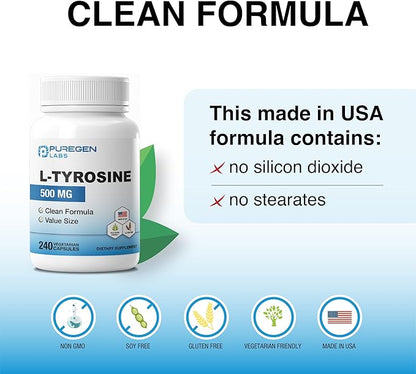 Puregen Labs L-Tyrosine 500 mg, Total - 480 Vegetable Capsules | No Harmful Additives | Brain & Nervous System Support, Non-GMO, Vegan, Gluten Free, Dairy Free - 480 Servings - Made in USA