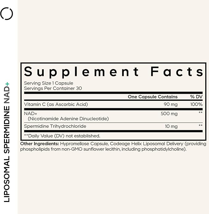 Codeage Liposomal Spermidine NAD+ Spermidine Supplement - 500 Mg NAD+ Vitamin C - Liposomal Delivery - Nicotinamide Adenine Dinucleotide Pills - 1 Capsule Per Serving - Vegan, Non-GMO - 30 Capsules