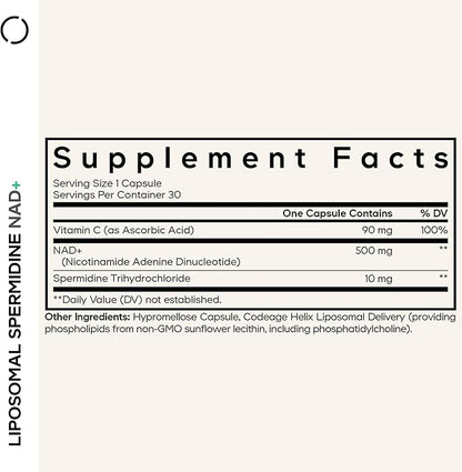 Codeage Liposomal Spermidine NAD+ Spermidine Supplement - 500 Mg NAD+ Vitamin C - Liposomal Delivery - Nicotinamide Adenine Dinucleotide Pills - 1 Capsule Per Serving - Vegan, Non-GMO - 30 Capsules
