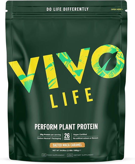 Vivo life Perform Plant Protein Powder - Pea & Hemp Protein Blend with BCAA (34.85 oz, Salted Maca Caramel)