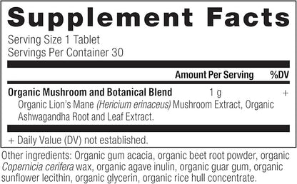 Organic Lion's Mane Mushroom Supplement with Ashwagandha by Ancient Nutrition, Organic Lion's Mane Supports Healthy Energy and Concentration, Reduces Fatigue, Gluten Free and Keto Friendly, 30 Tablets