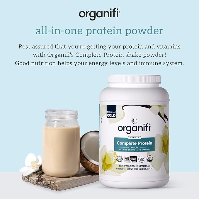 Organifi Complete Protein Vanilla Flavor - Organic Vegan Plant Based Protein Powder with Digestive Enzymes - 30 Day Supply - No Soy, Dairy, or Gluten