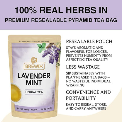 BREWIX, Lavender Mint (25 Pyramid Tea Bags) | Herbal, Caffeine Free, Lavender with Peppermint and Rosemary