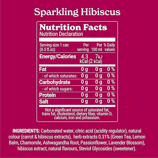 Tranquini Calming Drink With Herbal Adaptogens | Sparkling Water Stress Relief Beverage | Sugar Free, Non Alcoholic, Soda Replacement, Gluten Free, Vegan - 250ml Hibiscus (6 cans)