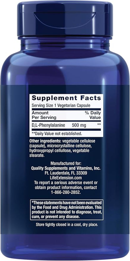 Life Extension D, L-Phenylalanine Capsules, 500 mg – Supports Mood Health, Promotes Neurotransmitter Health – Gluten-Free, Non-GMO, Vegetarian – 100 Capsules