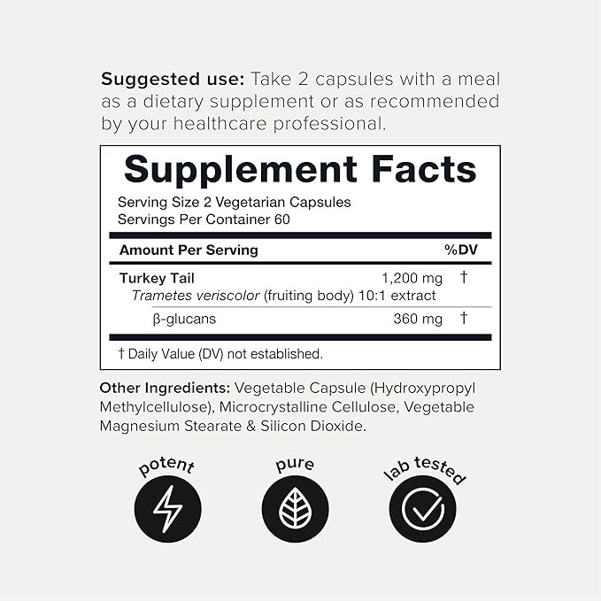 Turkey Tail Mushroom Capsules - Ultra High Potency 10:1 Extract with 30% Beta Glucans - Highly Concentrated - Third-Party Lab Tested - 120 Capsules
