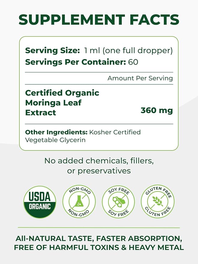PURA VIDA MORINGA Leaf Extract Liquid Drops - USDA Organic Certified - Highly Purified, Bioavailable & Faster Absorption than Moringa Powder or Capsules - Single Origin Moringa Oleifera Leaves Extract
