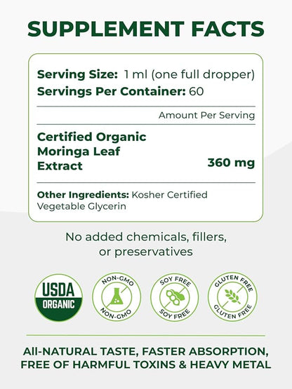 PURA VIDA MORINGA Leaf Extract Liquid Drops - USDA Organic Certified - Highly Purified, Bioavailable & Faster Absorption than Moringa Powder or Capsules - Single Origin Moringa Oleifera Leaves Extract