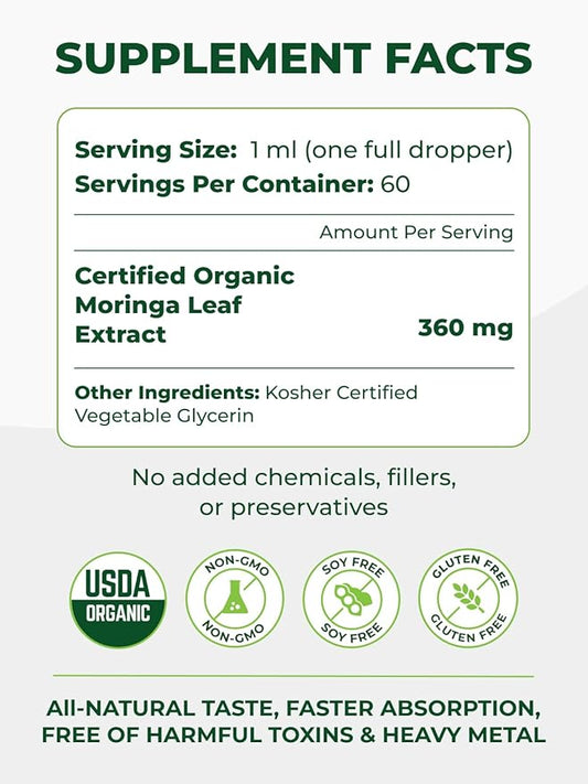 PURA VIDA MORINGA Leaf Extract Liquid Drops - USDA Organic Certified - Highly Purified, Bioavailable & Faster Absorption than Moringa Powder or Capsules - Single Origin Moringa Oleifera Leaves Extract