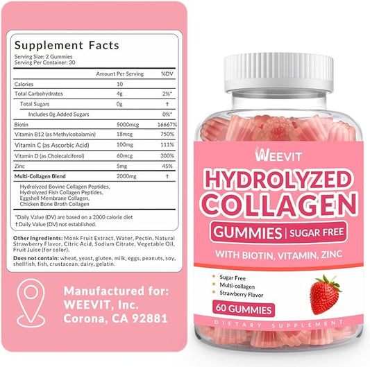 Collagen Gummies for Women, Hydrolyzed Collagen Peptides Gummies with Biotin, Collagen Supplements Gummy with Vitamin B12, C, D, Zinc for Hair Skin Nail