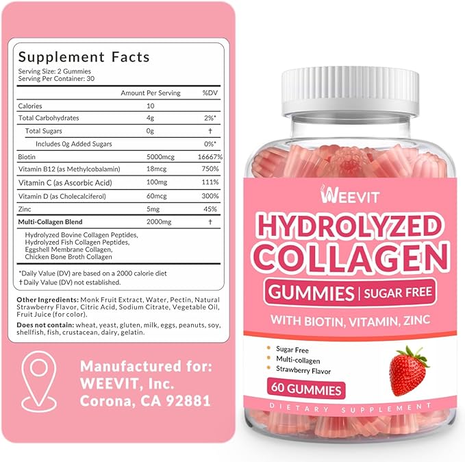 Sugar Free Collagen Gummies for Women, Collagen Protein Type I,II,III,V,X with Biotin Vitamin C D B12, Hydrolyzed Collagen Peptides Gummies for Immune Digestion Skin Hair Nails Energy Bone