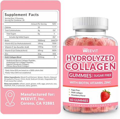 Sugar Free Collagen Gummies for Women, Collagen Protein Type I,II,III,V,X with Biotin Vitamin C D B12, Hydrolyzed Collagen Peptides Gummies for Immune Digestion Skin Hair Nails Energy Bone