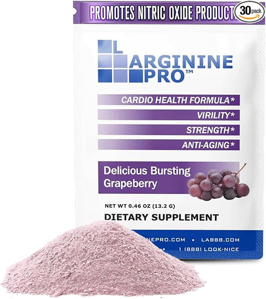 L-ARGININE PRO Supplement Powder | 30 Packets Single Serve Travel Size | 5,500mg of L-arginine Plus 1,100mg L-Citrulline, Grape