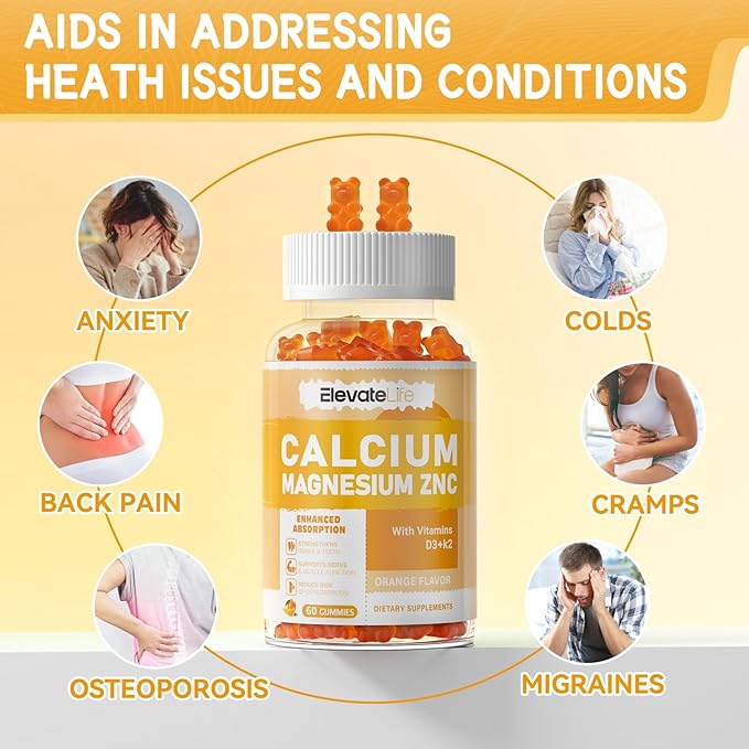 Calcium Magnesium Zinc Gummies with Vitamin D3 & K2 - High Potency Enhanced Absorption -60 Orange Gummies Flavored
