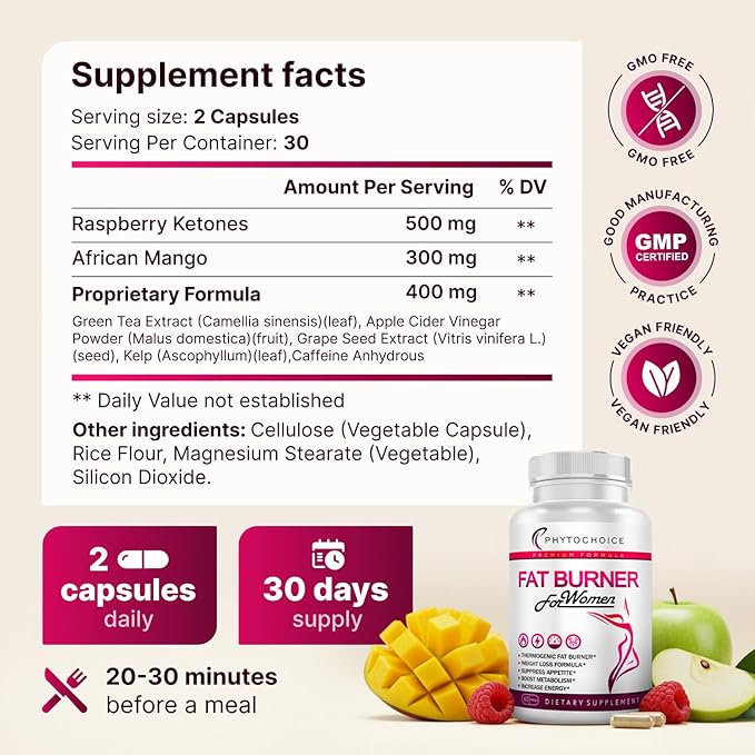 Raspberry Ketones Supplement for Women - Raspberry Ketones, Green Tea & African Mango - Fat Burner Diet Pills That Work Fast for Women, All-Natural Weight Loss Vitamins, Supports Bloating & Metabolism