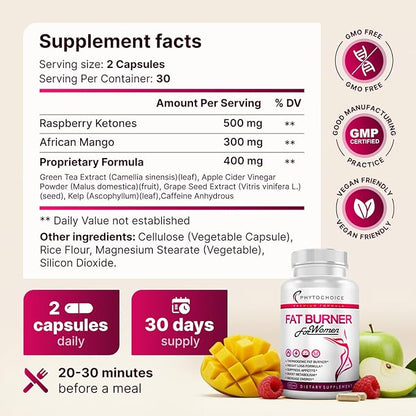 Raspberry Ketones Supplement for Women - Raspberry Ketones, Green Tea & African Mango - Fat Burner Diet Pills That Work Fast for Women, All-Natural Weight Loss Vitamins, Supports Bloating & Metabolism