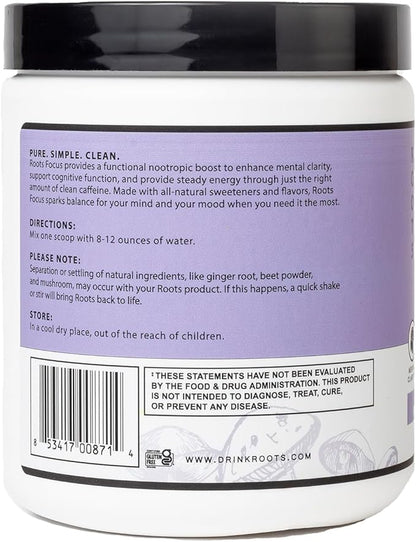 Roots Focus Nootropic Brain Supplement - BlackBerry Lavender Lemonade, Blend of Lion's Mane, Cordyceps, & Reishi Functional Mushrooms + Extended-Release Caffeine, 50 Servings