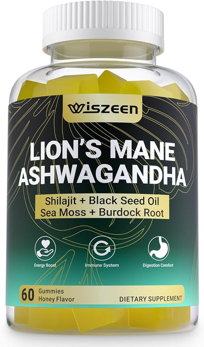 Ashwagandha & Lions Mane Gummies, Ashwagandha with Shilajit, Sea Moss, Black Seed Oil for Men & Women