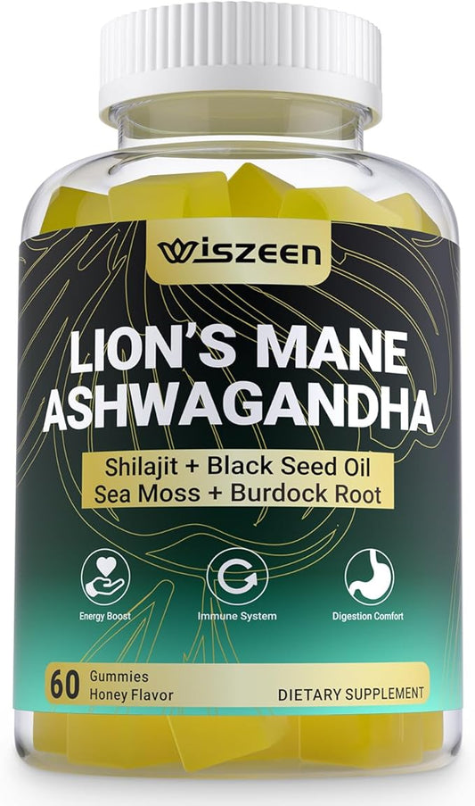 Ashwagandha & Lions Mane Gummies, Ashwagandha with Shilajit, Sea Moss, Black Seed Oil for Men & Women
