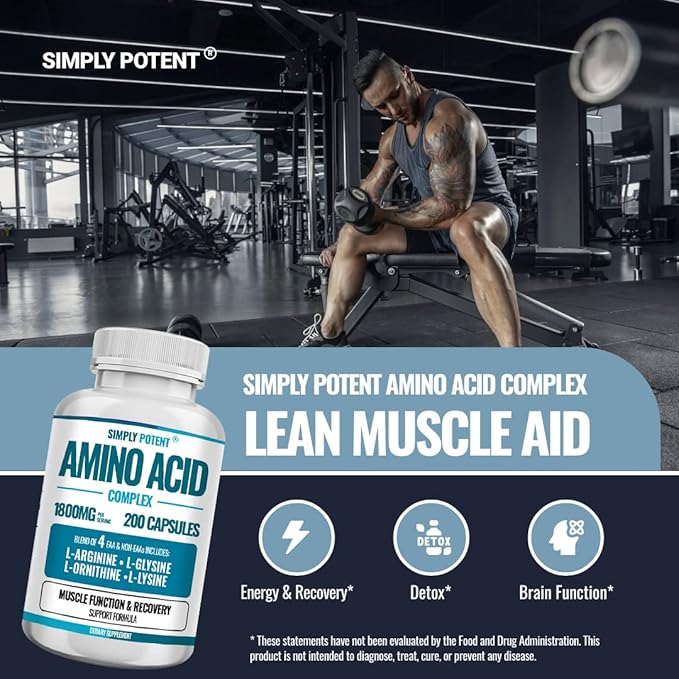 Simply Potent Amino Acid Complex 1800mg 200 Capsules, Blend of 4 Essential and Non Essential Amino Acids, Includes L-Arginine 550mg, L-Ornithine 500mg, L-Glysine 400mg & L-Lysine 350mg for Muscle