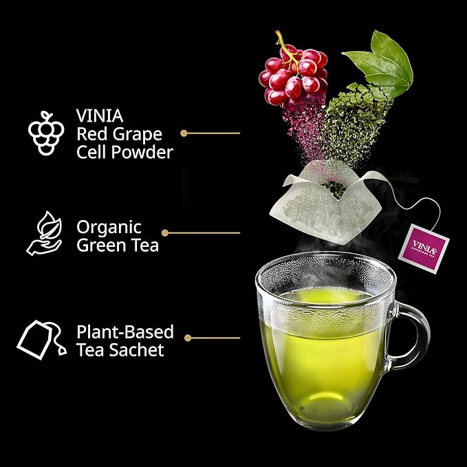 VINIA Signature Green Tea Bags, Made with Organic Green Tea, Infused with Piceid Resveratrol for Heart Health, Nitric Oxide, Physical Energy, Alertness, Blood Flow, Keto, Kosher, Non-GMO. 30 Ct