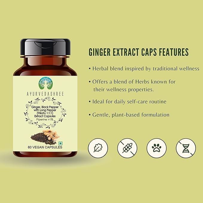 Trikatu Extract 500mg - 60 Vegetarian Capsules | Ginger with Black Pepper & Long Pepper Extract | | All Natural | 100% Vegan | Gluten-Free | GMP Certified.