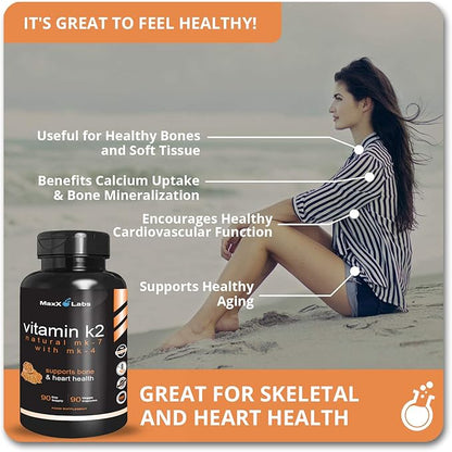 Vitamin K2 Supplement - Full Spectrum Vitamin K2-MK7, MK4 & Vitamin D - High Strength K2 Works with Vitamin-D3 - Vitamin-K 600mcg - Supports Bone Health - 90 Capsules