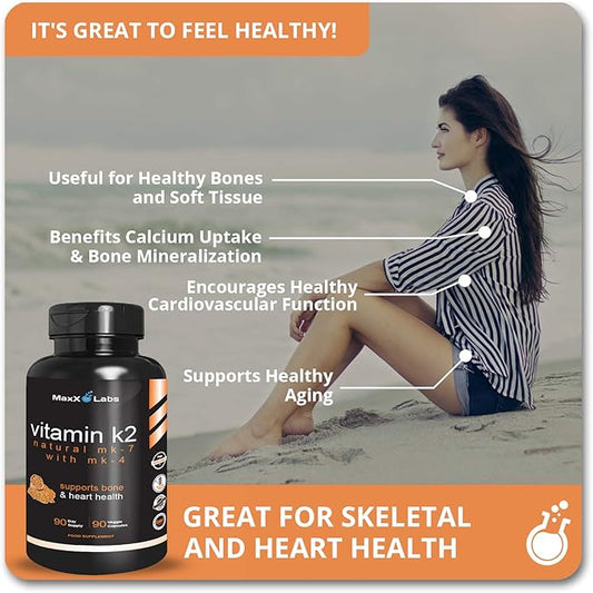 Vitamin K2 Supplement - Full Spectrum Vitamin K2-MK7, MK4 & Vitamin D - High Strength K2 Works with Vitamin-D3 - Vitamin-K 600mcg - Supports Bone Health - 90 Capsules