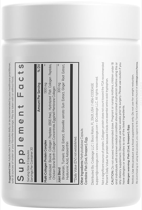 Codeage Multi Collagen Protein + Joint Blend Supplement, Hyaluronic Acid, Bromelain, Turmeric, Ginger, Boswellia, Astaxanthin - Hydrolyzed Bovine Collagen - 5 Collagen Types - Non-GMO - 90 Capsules