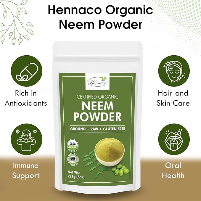 Organic Neem Powder| Ayurvedic Herb for Skin and Hair | Resealable Zip Lock Pouch | USDA Organic| Pure & Natural Neem Powder for Drinking| Dried Neem Leaves Powder| 227 Grams (8 OZ)