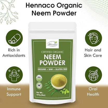 Organic Neem Powder| Ayurvedic Herb for Skin and Hair | Resealable Zip Lock Pouch | USDA Organic| Pure & Natural Neem Powder for Drinking| Dried Neem Leaves Powder| 227 Grams (8 OZ)