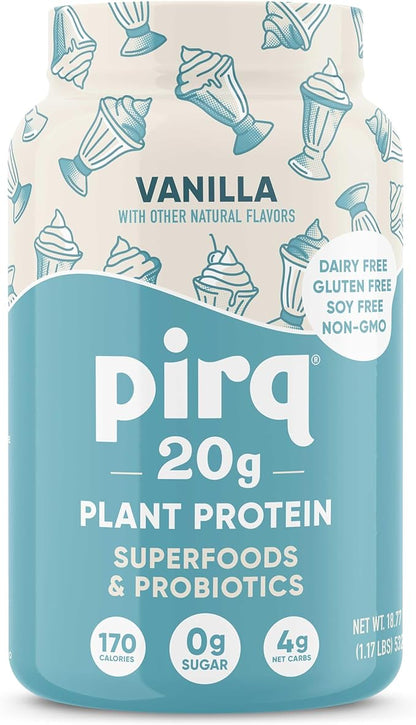 Pirq Dairy Free Protein Powder with 20g Protein, 2B CFU Probiotics, 25 Superfoods Greens and Fruits, Vegan, 0g Sugar (14 Servings) (Vanilla)