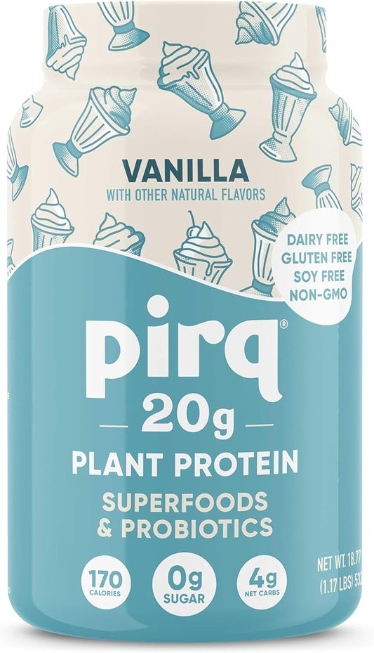 Pirq Dairy Free Protein Powder with 20g Protein, 2B CFU Probiotics, 25 Superfoods Greens and Fruits, Vegan, 0g Sugar (14 Servings) (Vanilla)