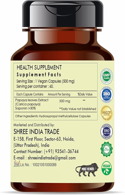 Papaya Extract 500mg - 60 Vegetarian Capsules | Carica Papaya | All Natural | 100% Vegan | Gluten-Free | GMP Certified.