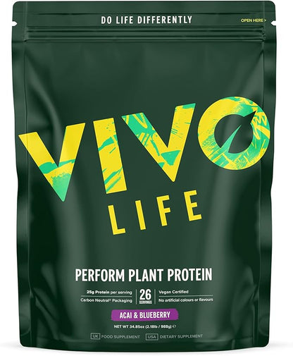 Vivo life Perform Plant Protein Powder - Pea & Hemp Protein Blend with BCAA (34.85 oz, Acai & Blueberry)