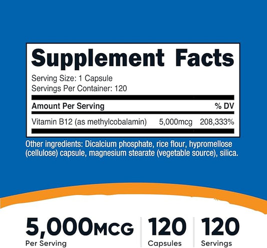 Nutricost Vitamin B12 (Methylcobalamin) 5000mcg, 120 Capsules - Vegetarian Caps, Non-GMO, Gluten Free B12 Supplement