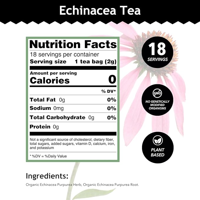 Buddha Teas - Organic Echinacea Tea - Herbal Tea - Immune Boosting - With Antioxidants & Minerals - Clean Ingredients - Caffeine Free - 18 Tea Bags (Pack of 1)
