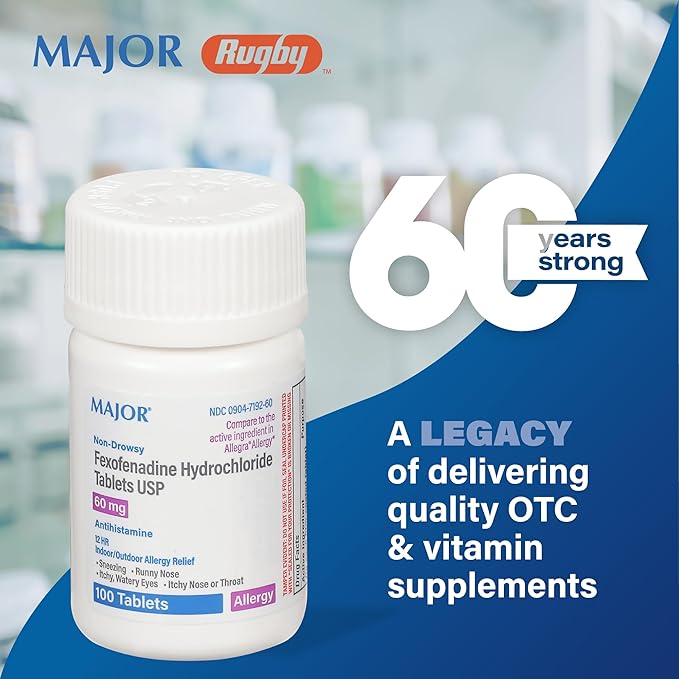 MAJOR Fexofenadine Hydrochloride Tablets USP, 60 mg - Non-Drowsy Allergy Medicine - Antihistamine - 12 Hour Indoor/Outdoor Allergy Relief - 100 Tablets